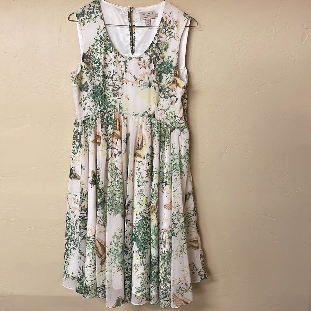 Ted Baker Liano Dancing Leaves Bird Butterfly Dragonfly Print A-Line Dress 8 - Picture 3 of 9